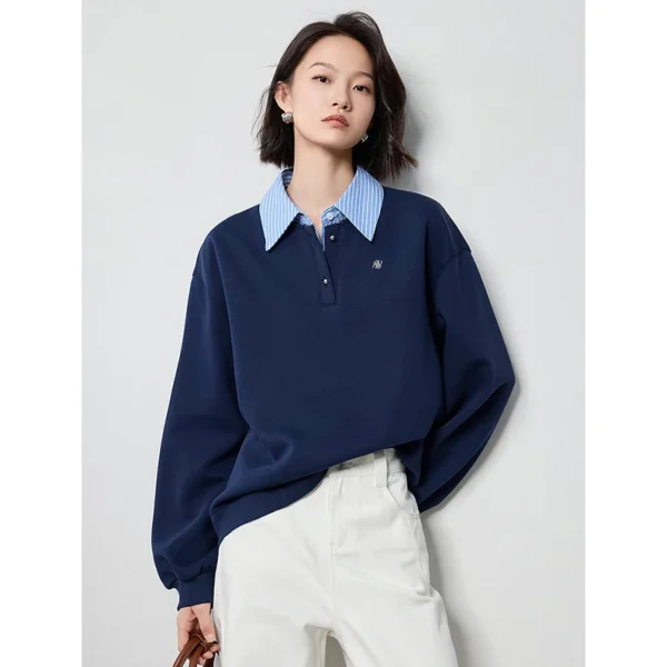 TOYOUTH Women Hoodies 2024 Autumn New Splicing Patchork Fake Two Pieces Turn Down Collar Pullover Sweatshirt Tops - Image 3