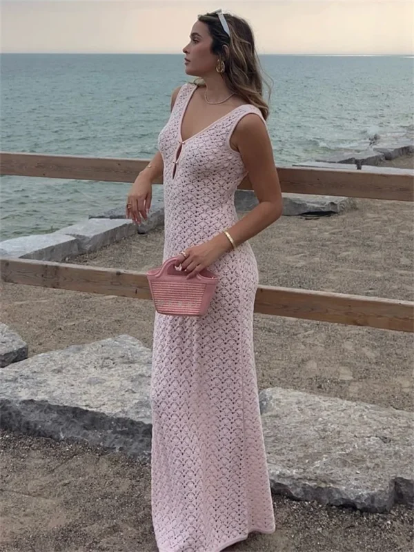 Tossy Knit Hollow Out Fashion Maxi Dress Women's See-Through Beach Holiday Loose Elegant Patchwork Party Dress Female Long Dress - Image 5