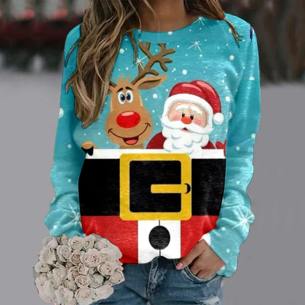 Women's Christmas Sweatshirt Round Neck Pullover Top Urban Leisure Christmas Snowman Kawaii Printed Loose Sweater Christmas Tops - Image 3