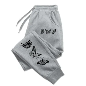 Womens Mens Couple Sweatpant Three Butterflies Printed Sportswear Warm Gym Baggy Pocket Drawstring Pants Jogger Sports Clothes