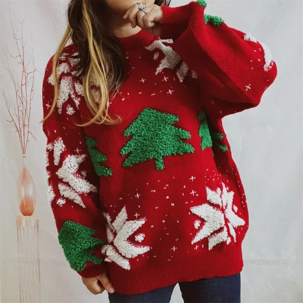 OMCHION Green Christmas Sweater 2023 Fashion Tree Embroidery Knitted Pullover Casual Loose Retro Sweater For Female Knitwear - Image 2