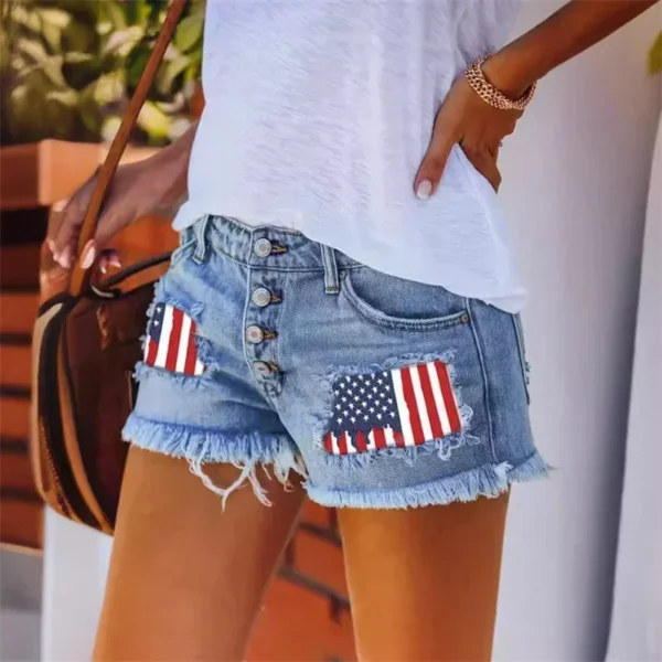 Fashion Flag Motifs Patch Denim Shorts Women Tassel Trouser Legs Three Quarter Pants Summer Female Casual Mini Jeans Streetwear - Image 2