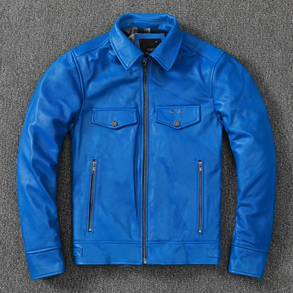 Free shipping.fashion brand men leather jacket.blue slim cowhide leather garments.dropship cheap leather clothes.Plus size - Image 3