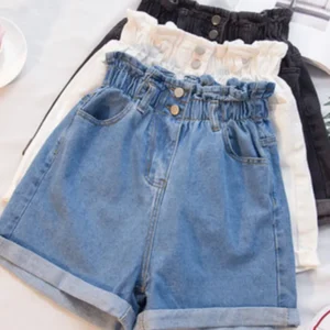 Jielur Summer Black Women Denim Shorts Women S-5XL Harem Ruffled White Blue High Waisted Shorts Female Elastic Short Jeans