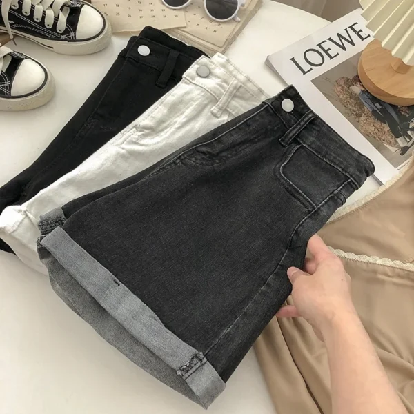 New Summer Women Wide Leg Classic High Waist Black Denim Shorts Casual Female Solid Color White Blue Loose Jeans Shorts - Image 2