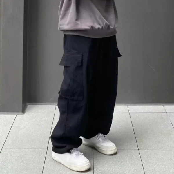 Men Cargo Pants Elastic Waist Loose Wide Leg Solid Color Casual Pants Multi Pockets Retro Straight Deep Crotch Men Long Trousers - Image 5