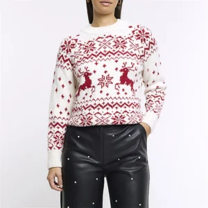 Lamuusaa Christmas Sweater Women Classic Reindeer Snowflake Print Long Sleeve Round Neck Knit Jumper Warm Tops Winter Streetwear