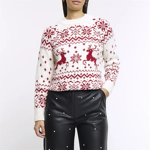 Lamuusaa Christmas Sweater Women Classic Reindeer Snowflake Print Long Sleeve Round Neck Knit Jumper Warm Tops Winter Streetwear
