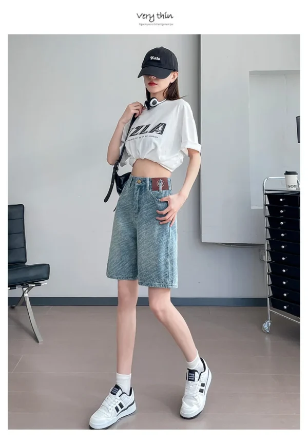 Women's Youthful Moustache Bermuda Denim Shorts, Y2K/2000s High-rise Jorts, knee-length Straight Jeans Shorts - Image 4
