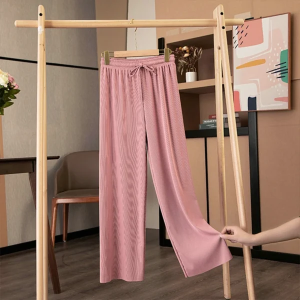 Ice Silk Wide-Leg Pants Women Cool Sweatpants Summer Thin Pleat Loose Straight Pants Office Lady Casual Drawstring Long Trousers - Image 4