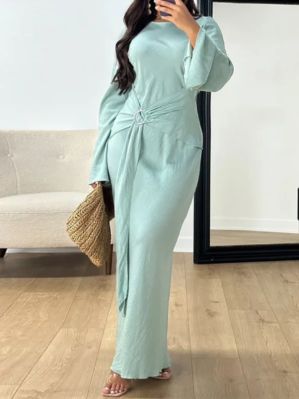 Lacing Up Patchwork Simple Maxi Dress, Women Autumn Long Sleeve Elegant Fashion Party Dress, 2024 O-Neck Solid Slim Ladies Dress - Image 2