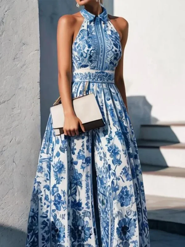 Bonboho Floral Printed Women's Dress Lapel Collar Sleeveless High Waist Pleated Maxi Dress 2024 Summer Fashion Big Swing Dress - Image 2