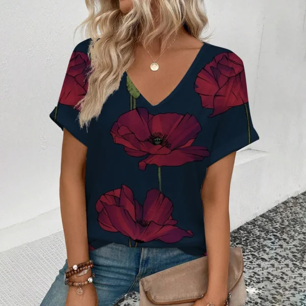 Summer Vintage Flower 3D Print T-shirt Women Streetwear Casual T Shirts Y2k Tops Woman Harajuku V-Neck Tees Oversized Clothing - Image 4