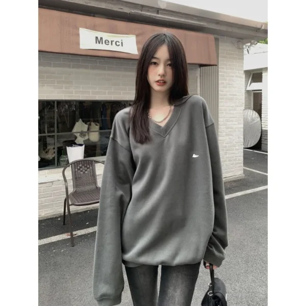 Sweatshirt Women's Lazy Style Retro Simple V-neck Pullover Loose Top Autumn Winter Fashionable Versatile Plus Size Clothing - Image 5