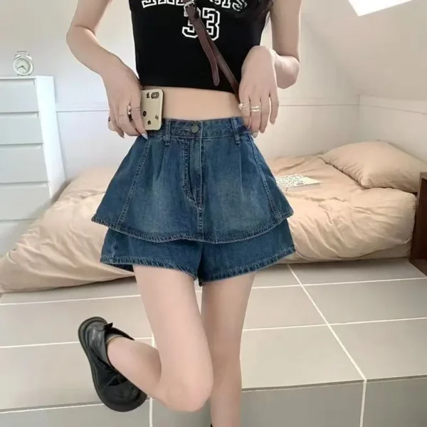 2024 Summer Ruffle Edge High Waist Slim Denim Shorts for Women's New Hong Kong Style Retro Design with Pleated Half Skirt Pants - Image 2
