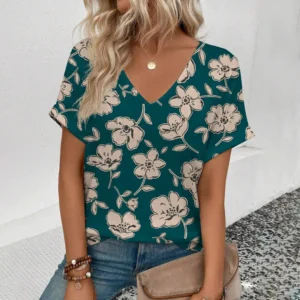 Summer Vintage Flower 3D Print T-shirt Women Streetwear Casual T Shirts Y2k Tops Woman Harajuku V-Neck Tees Oversized Clothing