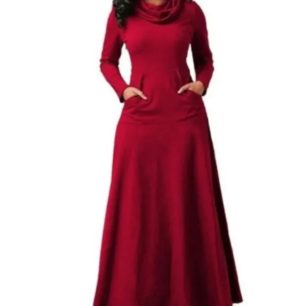 Plus Size 5XL Elegant Long Maxi Dress Autumn Winter Warm High Collar Women Long-sleeved Dress 2023 Woman Clothing With Pocket - Image 2