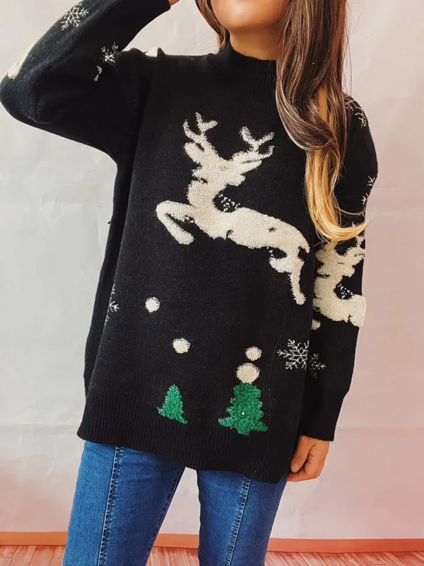 Women's Christmas Tree Fawn Knit Sweater Women's Elk Pattern Small Turtleneck Long Sleeve Knit Winter Wear Red/Black S/M/L/XL - Image 4