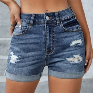 Fashion Trend Broken Holes Three Quarter Pants Summer Women's Casual Streetwear Slim Fit Button Splicing Denim Shorts Female New