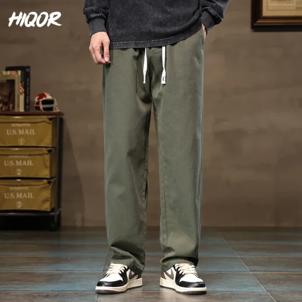 HIQOR Men Casual Pants Fashion Jogger Pant Loose Straight Wide Leg Trousers Cotton Vintage Cargo Pants Man Solid Streetwear Men - Image 2