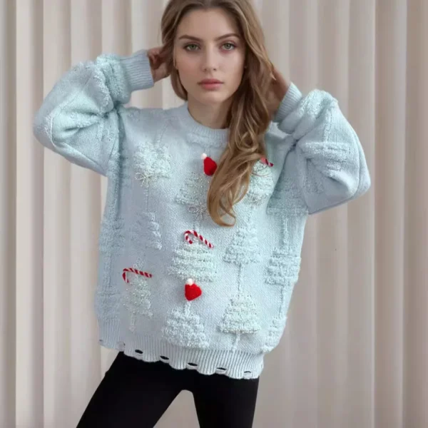 Christmas Sweater Women 2024 Korean Style O Neck Casual Loose Jumper Women Chic O Neck Peark Bow New Year Sweater Knitwear - Image 4