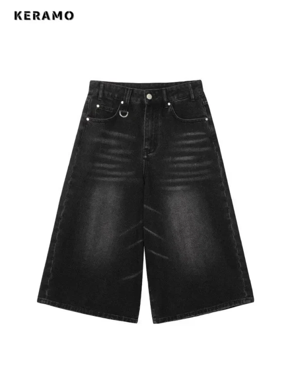 Harajuku Vintage High Waist Black Retro Washed Denim Shorts Women's Fashion Casual Loose Fit Y2K Streetwear Mid Long Short - Image 2