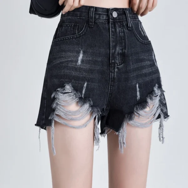 Women Summer Korean High Waisted Denim Ripped Shorts Pants Lady High Street A Line Hot Pants Female Black Grey Wide Leg Jeans - Image 2