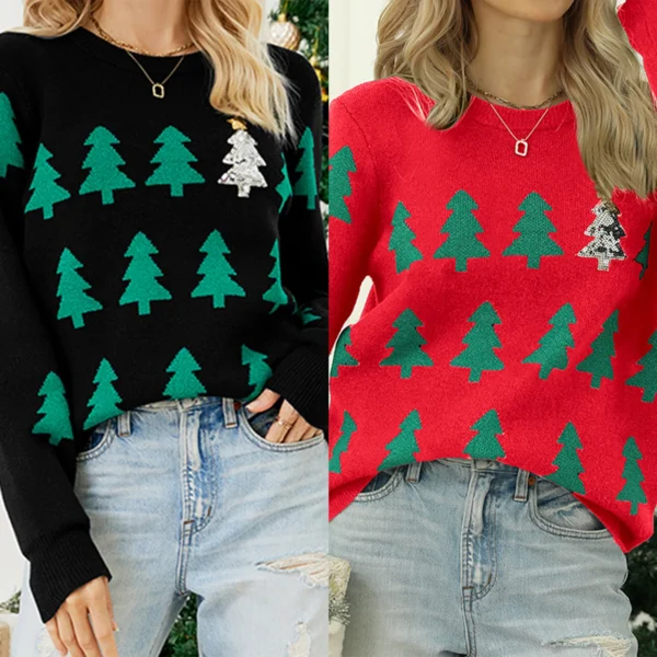 Basic Jumpers Loose Fit Christmas Tree Pattern Knitted Top Sweater Long Sleeve Crew Neck Festival Style Vacation Outfit - Image 3