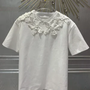 2024 Spring/Summer New Pure White 3D Flower Decoration Round Neck Loose Short sleeved T-shirt woman tops fashion female blouses