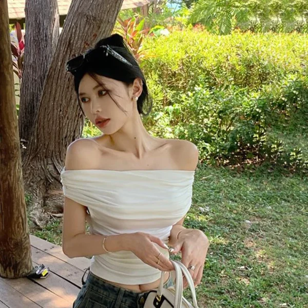Hot Girls Sexy Off Shoulder Short Sleeve Slim T-shirt Women's Solid Color Pleated Crop Top - Image 6