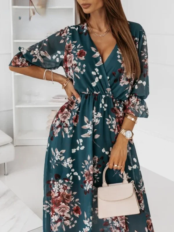 Chiffon Summer Dresses Women 2024 Elegant A-line Flower Office Spring Long Sleeve V-Neck Floral Maxi Dresses for Women Vestido - Image 3