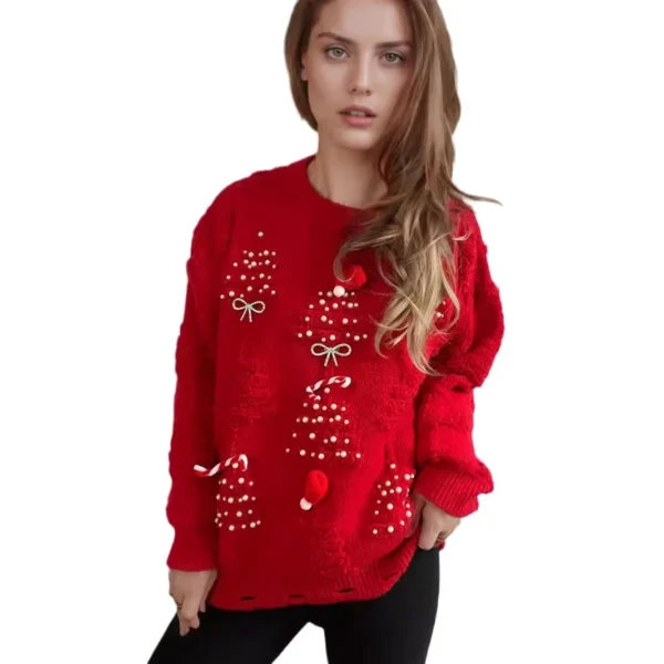 Christmas Sweater Women 2024 Korean Style O Neck Casual Loose Jumper Women Chic O Neck Peark Bow New Year Sweater Knitwear - Image 6