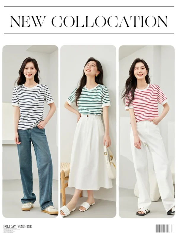 Vimly Contrast Striped Cotton Short Sleeve Women's T-shirt 2024 Summer Woman Simple Loose Casual Round Neck Pullovers Top M6563 - Image 6