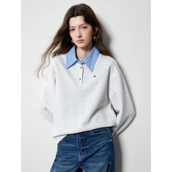 TOYOUTH Women Hoodies 2024 Autumn New Splicing Patchork Fake Two Pieces Turn Down Collar Pullover Sweatshirt Tops - Image 2