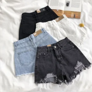 Korean Fashion Cowboy Shorts Women's Summer Casual High Waist Blue Denim Shorts Pocket Tassel Perforated Pants Y2K Female Jeans