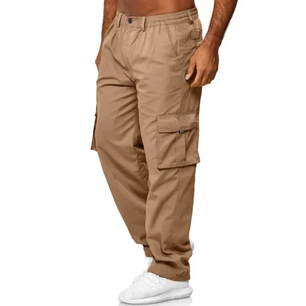 Men's Overalls Outdoor Sports and Leisure Multi-pocket Loose Straight Pants Solid Color Elastic Waist Button Combat Overalls - Image 2