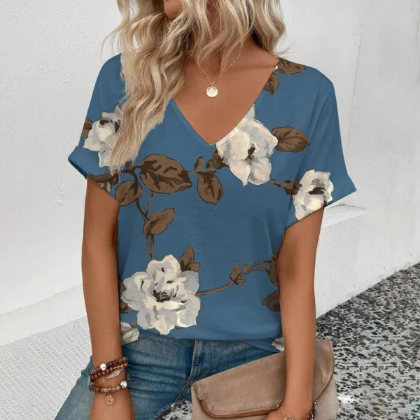 Summer Vintage Flower 3D Print T-shirt Women Streetwear Casual T Shirts Y2k Tops Woman Harajuku V-Neck Tees Oversized Clothing - Image 2