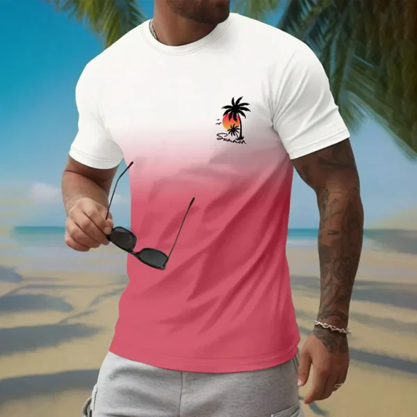 Summer New Men's Round Neck T-shirt Fashion Gradient Printing Short-sleeved Tops Men Vacation Hawaii Beach Surfing Short-sleeved - Image 3