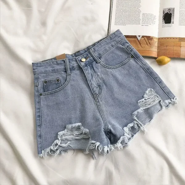 Korean Fashion Cowboy Shorts Women's Summer Casual High Waist Blue Denim Shorts Pocket Tassel Perforated Pants Y2K Female Jeans - Image 3