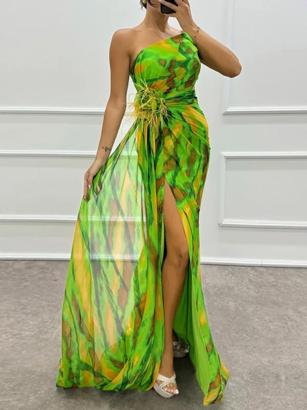 Sleeveless Patchwork Loungewear Party Dress, Women Summer Skew Collar Slim Fashion Maxi Dress, 2024 Print Backless Ladies Dress - Image 2