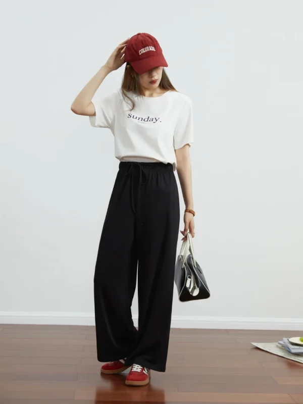 DUSHU Casual Long and Short Code Elastic Waist Design Loose Straight Leg Pants for Women Autumn New All-match Solid Color Pants - Image 3