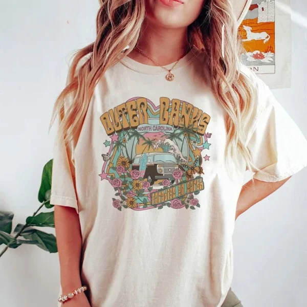 Casual Oversized Tee Surfing Outer Banks Graphic Tops Womens Retro Style T-Shirt Vacation Beach Shirt Short Sleeve Cotton Shirt - Image 2