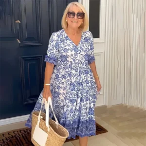 Elegant Women's Dresses 2024 Summer Casual Fashion Print V-Neck Loose Dress Retro Comfortable Maxi Dress Female Robe Vestidos