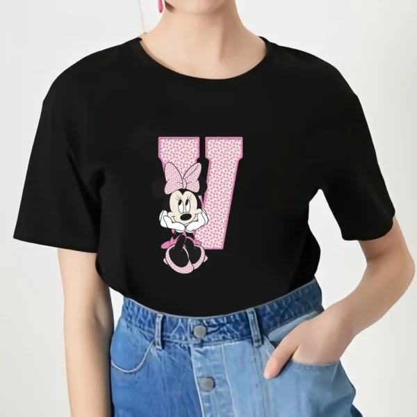 Hot Sale Woman Black T-shirt Cartoon Minnie Mickey Letter Print Kids Summer Girls Cotton Casual T-shirt round Neck short sleeve - Image 4