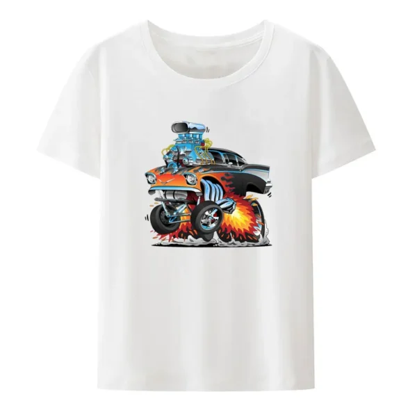 Classic Hot Rod Fifties Style Gasser Drag Racing Muscle Car Red Hot Flames Print T Shirt Funny Trend Cartoon Hipster Streetwear - Image 2
