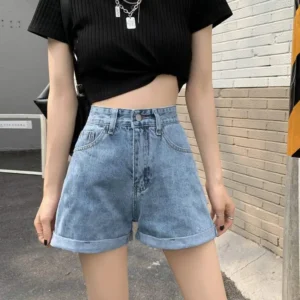 2024 Summer Women's High Waist Denim Shorts Casual Aesthetic Clothes Plus Size Y2k Pants Streetwear Button Wide Leg Short Jeans