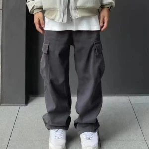 Men Cargo Pants Elastic Waist Loose Wide Leg Solid Color Casual Pants Multi Pockets Retro Straight Deep Crotch Men Long Trousers