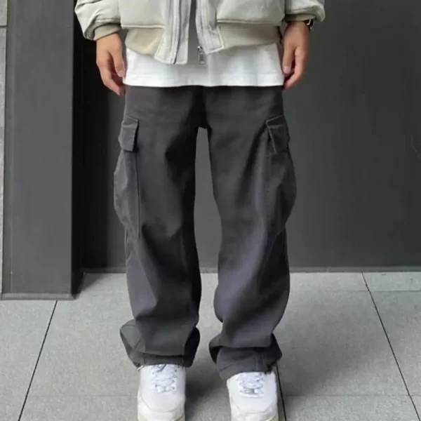 Men Cargo Pants Elastic Waist Loose Wide Leg Solid Color Casual Pants Multi Pockets Retro Straight Deep Crotch Men Long Trousers