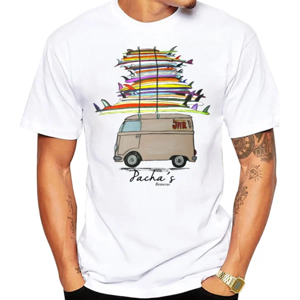 AMEITTE Miami Beach Scene Cars Men T Shirt Graphic Vintage Beach Bus Surf Sport Cloth Retro Surfing Board Tops SUP Fans Boy Tees - Image 2