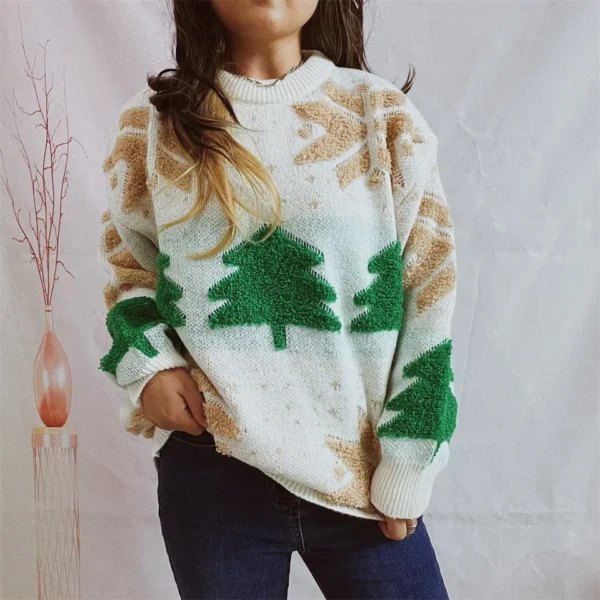 OMCHION Green Christmas Sweater 2023 Fashion Tree Embroidery Knitted Pullover Casual Loose Retro Sweater For Female Knitwear - Image 4